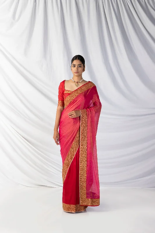 Balli Saree And Blouse Set In Rose Red