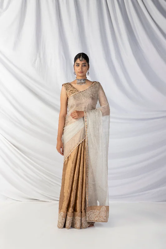 Shwetambari Saree And Blouse Set In Concrete Silver And Latte Gold