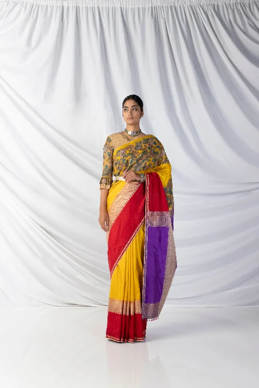 Cyber Yellow, Crimson Red and Indigo Anchu Saree and Blouse