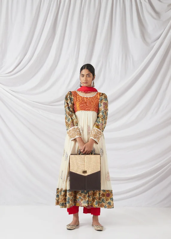 Savanthige Salwar Set In Off-White, Sedona Orange And Red Stone