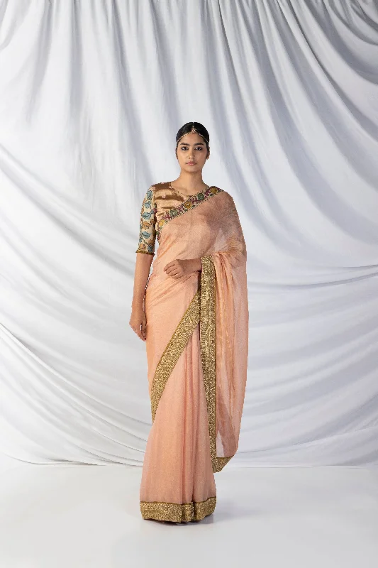 Niloufer Saree And Blouse Set In Periwinkle Purple And Dull Gold