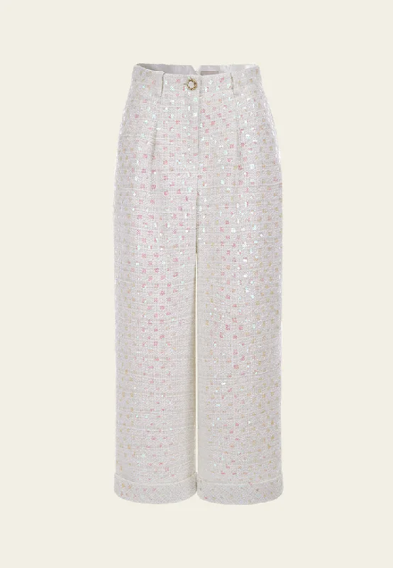 White Sequin Tweed Pants