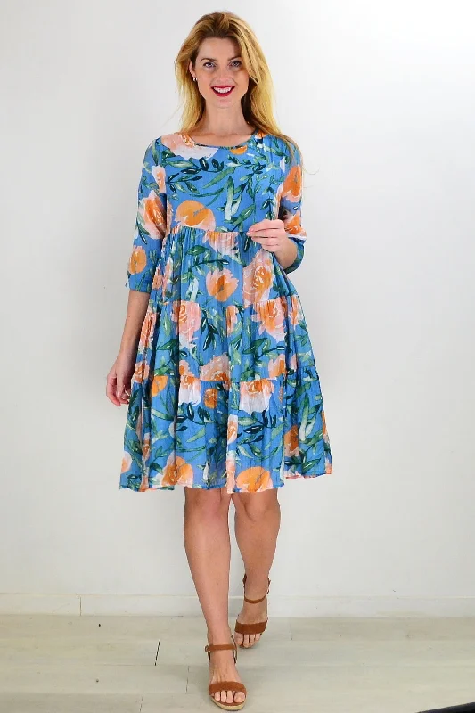 Blue Orange Floral Midi Dress