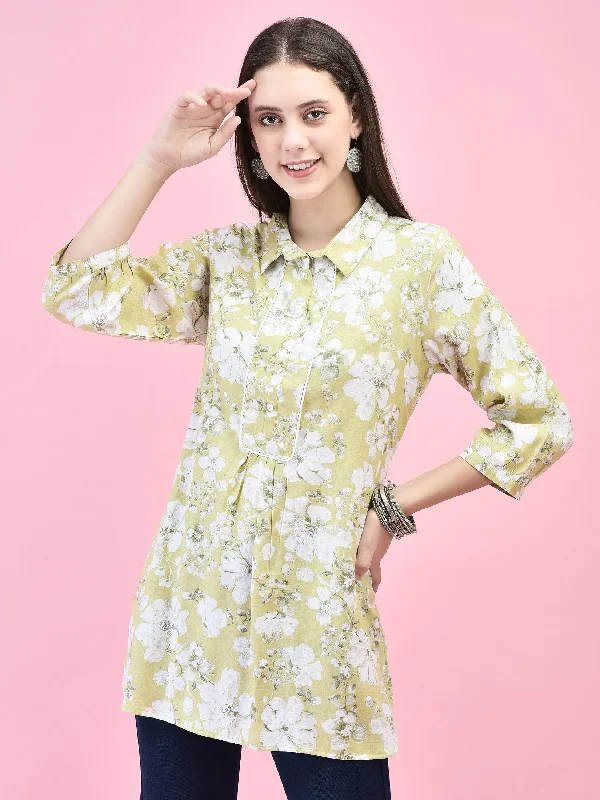 Women Liva (Rayon) Green Floral Print Tunic