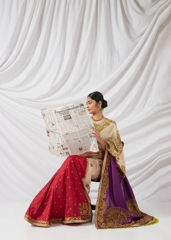 Deepavali Saree And Blouse Set In Pearle White, Apricot Orange, Crimson Red And Egglant Purple