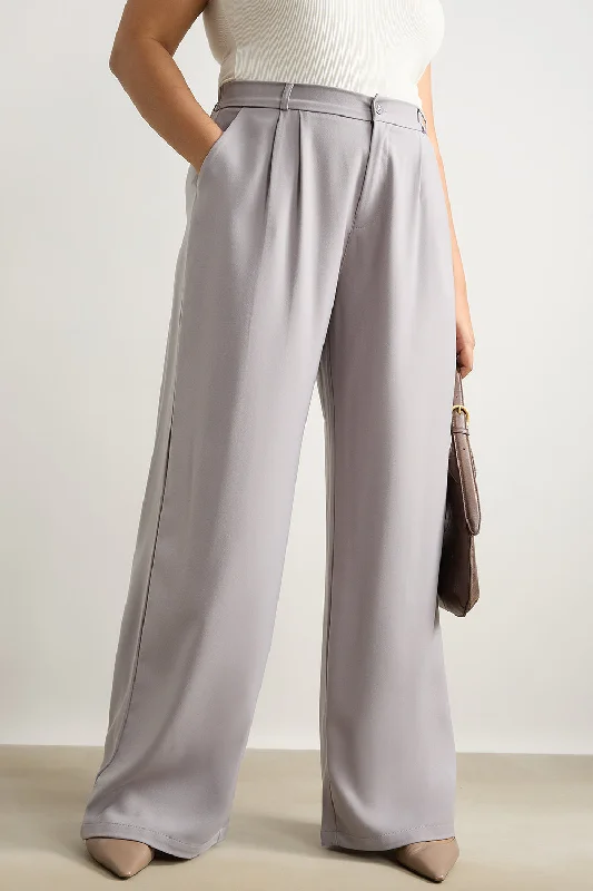 Light Grey Pleated Straight Fit Curve Korean Pant