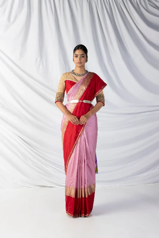 Bubblegum Pink and Crimson Red Anchu Saree and Blouse