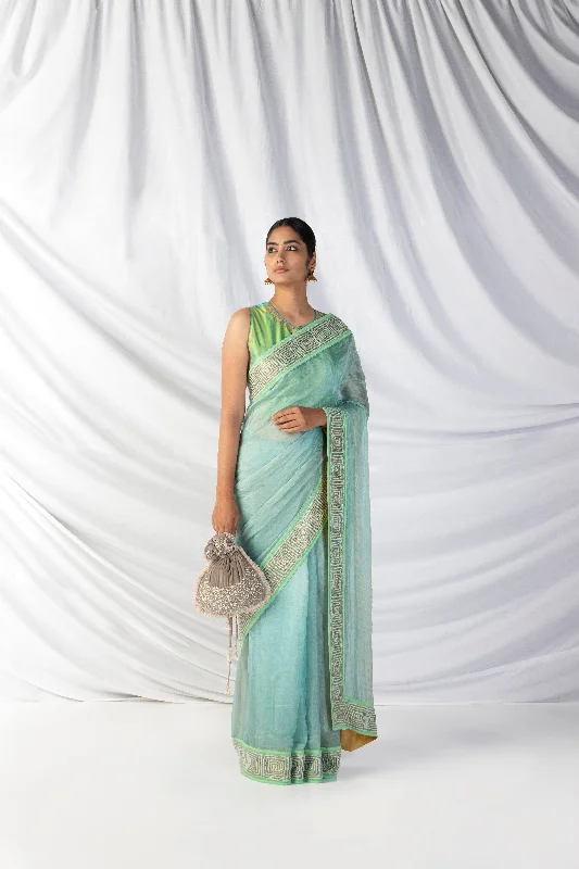 Sampige Saree And Blouse Set In Middle Blue And Mint Green