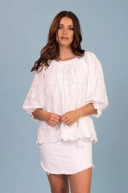 Feather Embroidered Top White