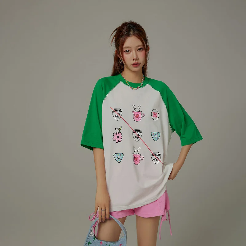 Chuu Cute Printed Icons Raglan Loose-Fitting T-Shirt