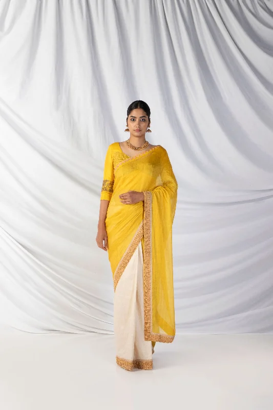 Siri Saree And Blouse Set In Pineapple Yellow, Pearle White