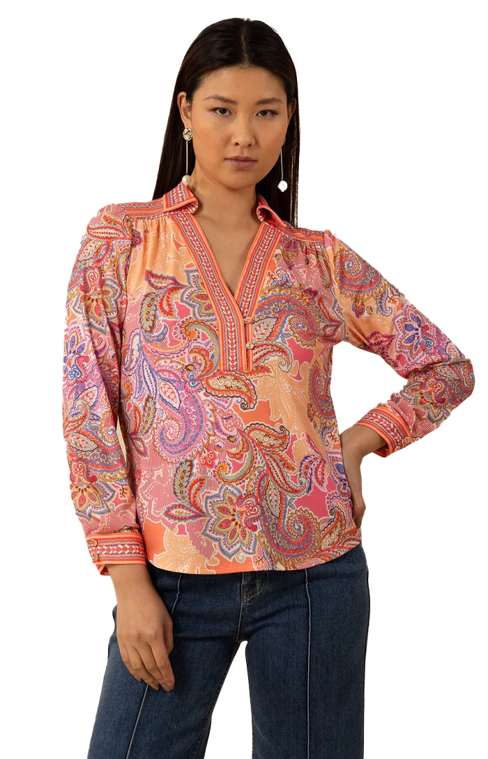 Hale Bob Anya V-Neck Long Sleeve Top - Pink