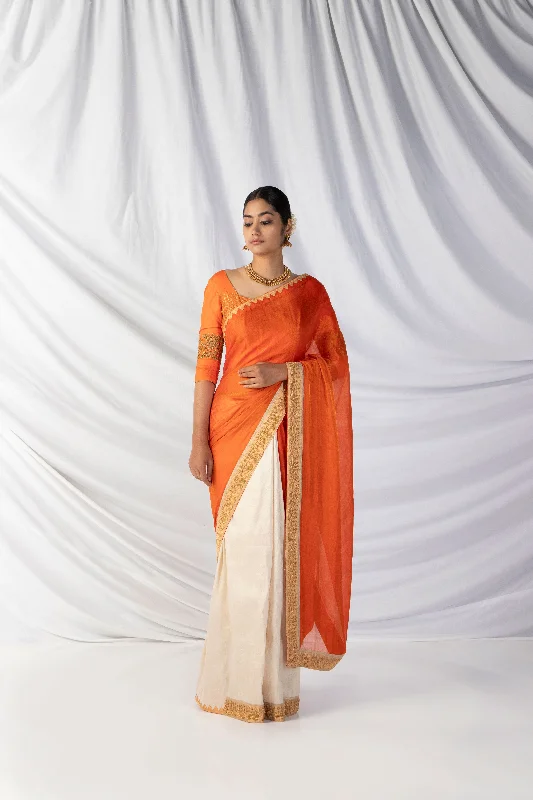 Siri Saree And Blouse Set In Fine Orange , Pearle White