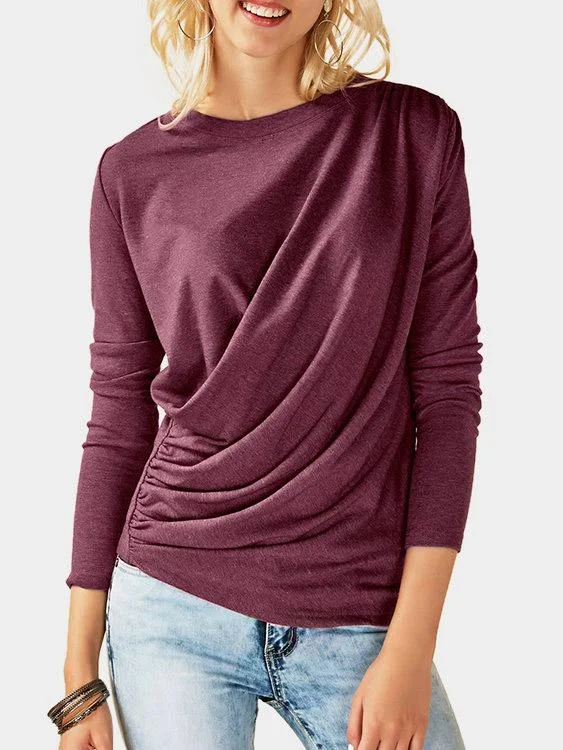 Wholesale Crew Neck Plain Pleated Long Sleeve T-Shirts