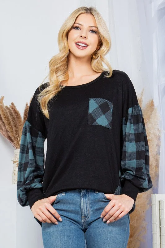 Plaid Contrast Bell Sleeve Sweater Knit