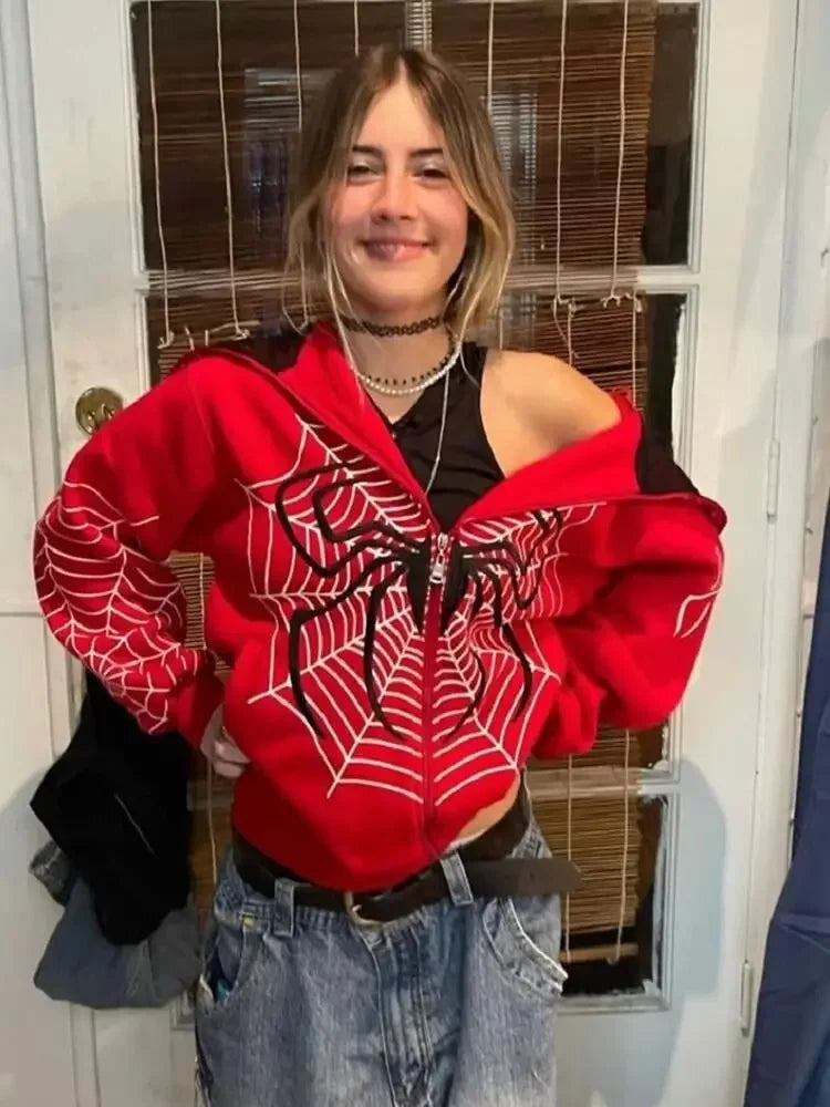 Spider Web Red Women Sweatshirt Zipper Warm Punk Grunge Y2K Hoody