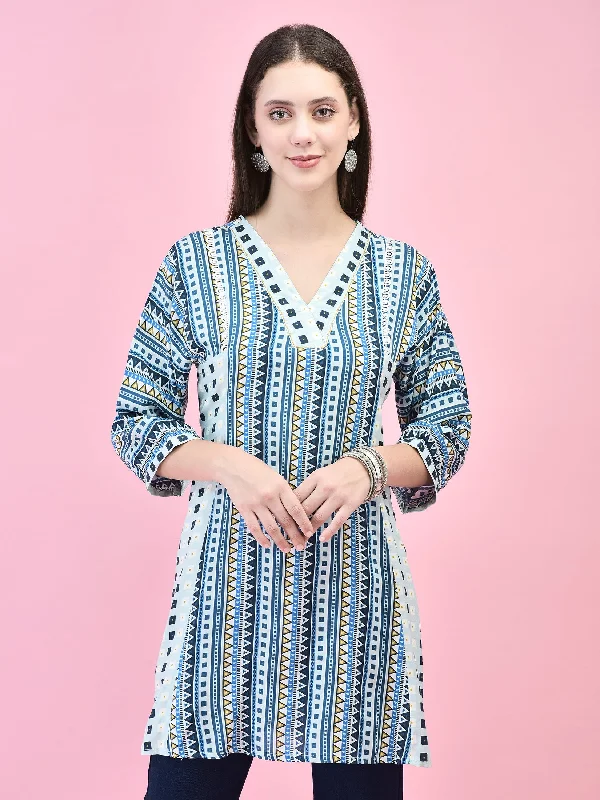 Women Liva (Rayon) Blue Geometric Print Tunic