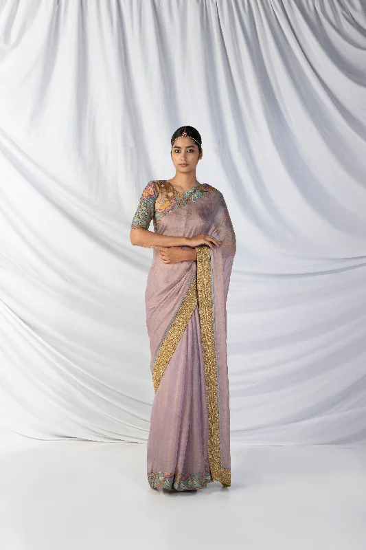 Niloufer Saree And Blouse Set In Periwinkle Purple And Dull Gold