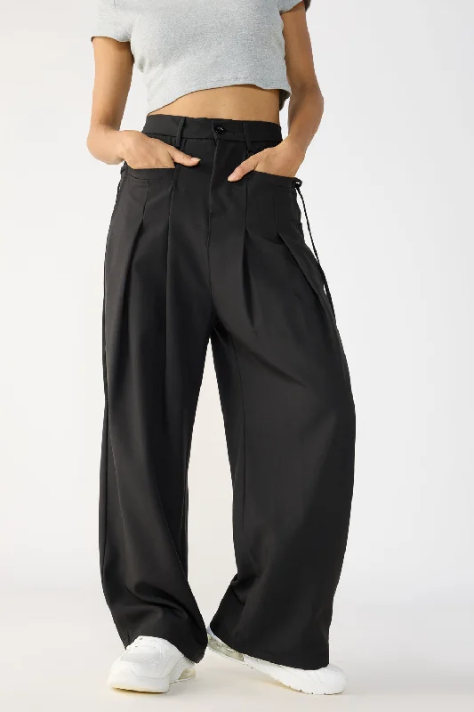 Black Wide Flat Pocket Korean Pants