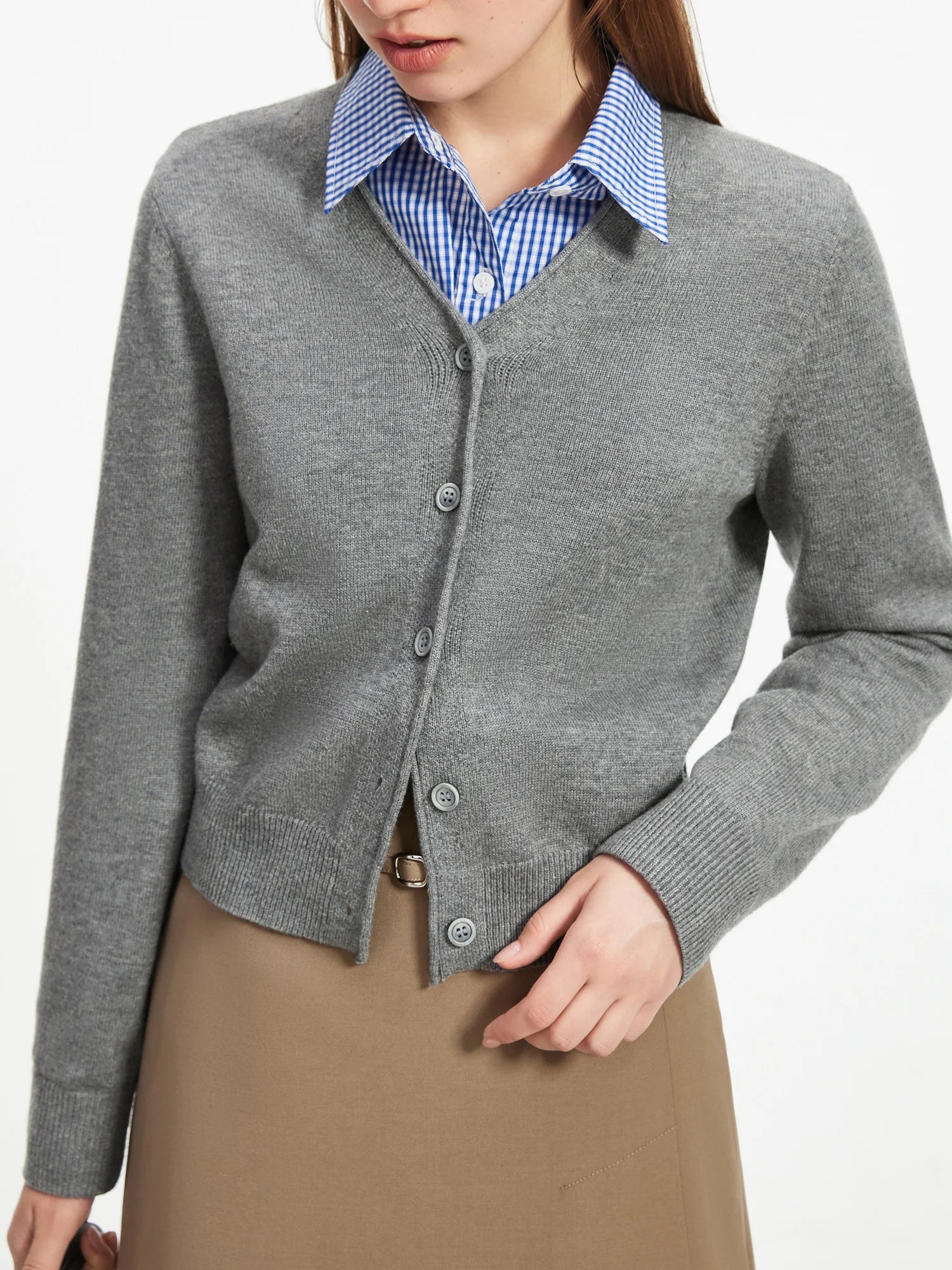 Gray Long-sleeved V-neck Chic Sweater Top Cardigan