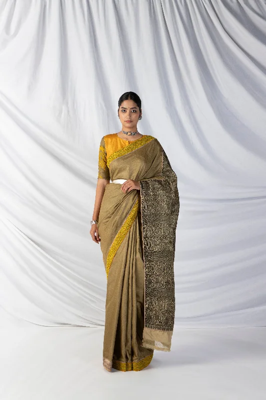 Gandberunda Saree And Blouse Setin Tortilla Brown And Black