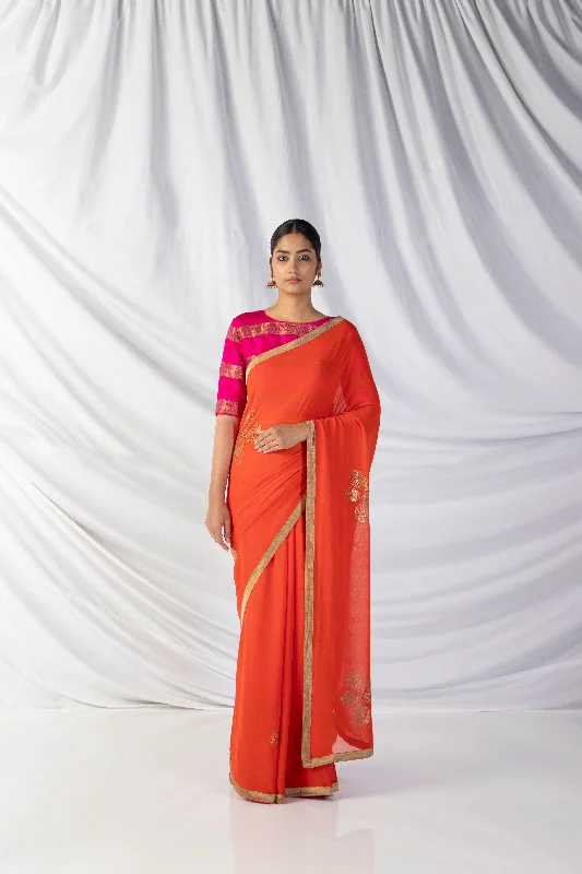 Tara Saree And Blouse Set In Vermilion Orange And Shocking Pink