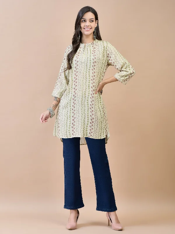 Women Liva Rayon Olive Floral Print Tunic