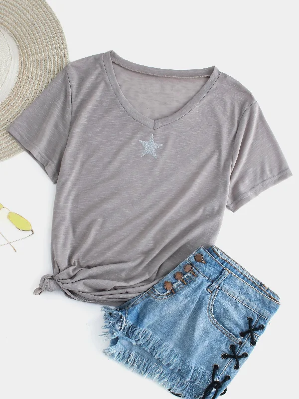 Wholesale V-Neck Star Short Sleeve Gray T-Shirts