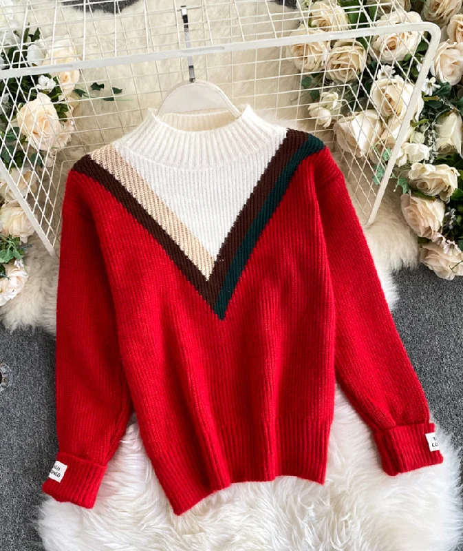 Red round neck long sleeve sweater  067