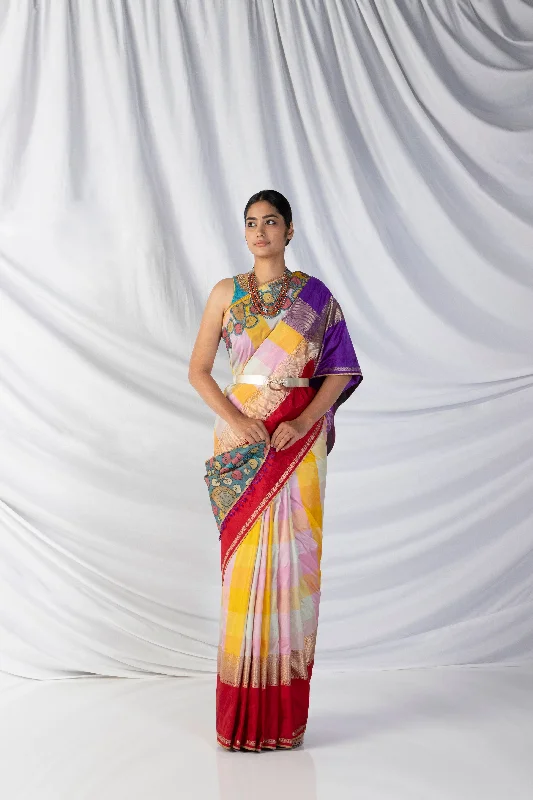 Earthy yellow, pink and grey Anchu Saree and Blouse