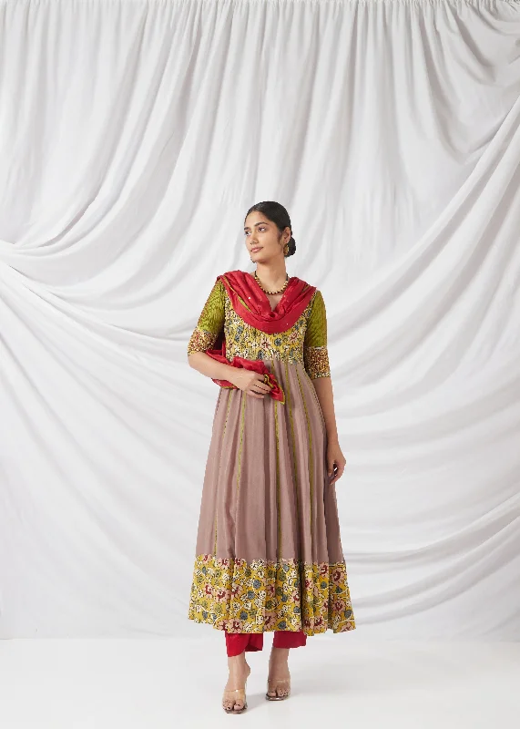 Savathige Salwar Set In Olive Green, Taupe Brown And Redstone