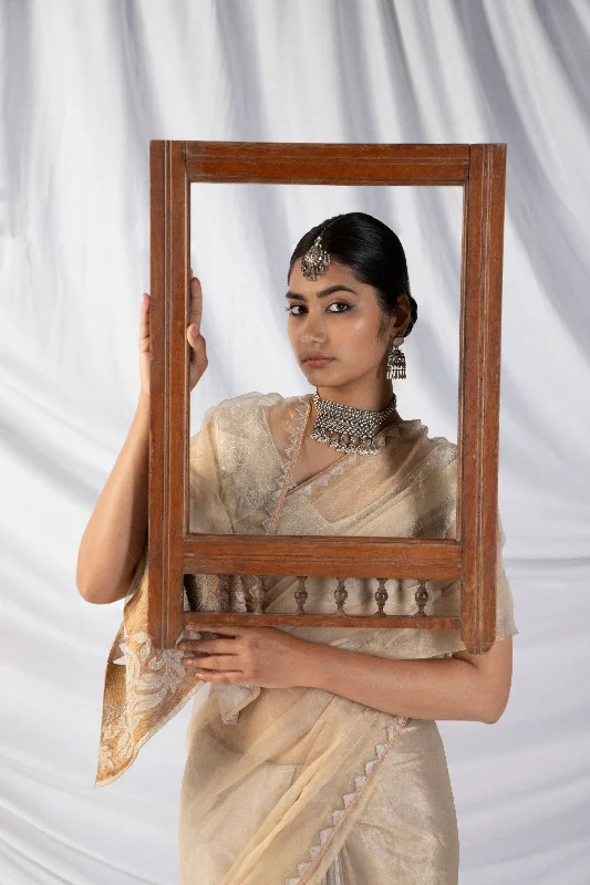 Shwetambari Saree And Blouse Set In Concrete Silver And Latte Gold