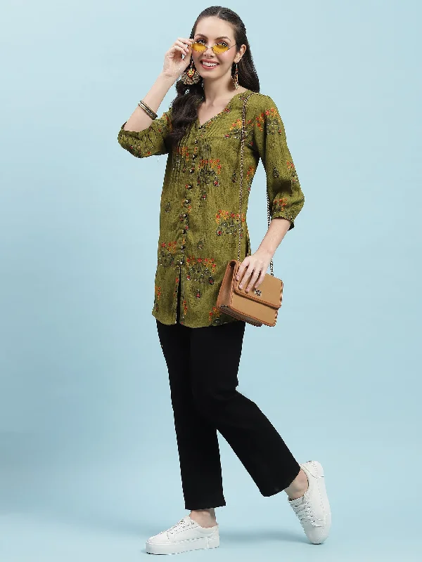 Women Olive Ornamental Printed Tunic