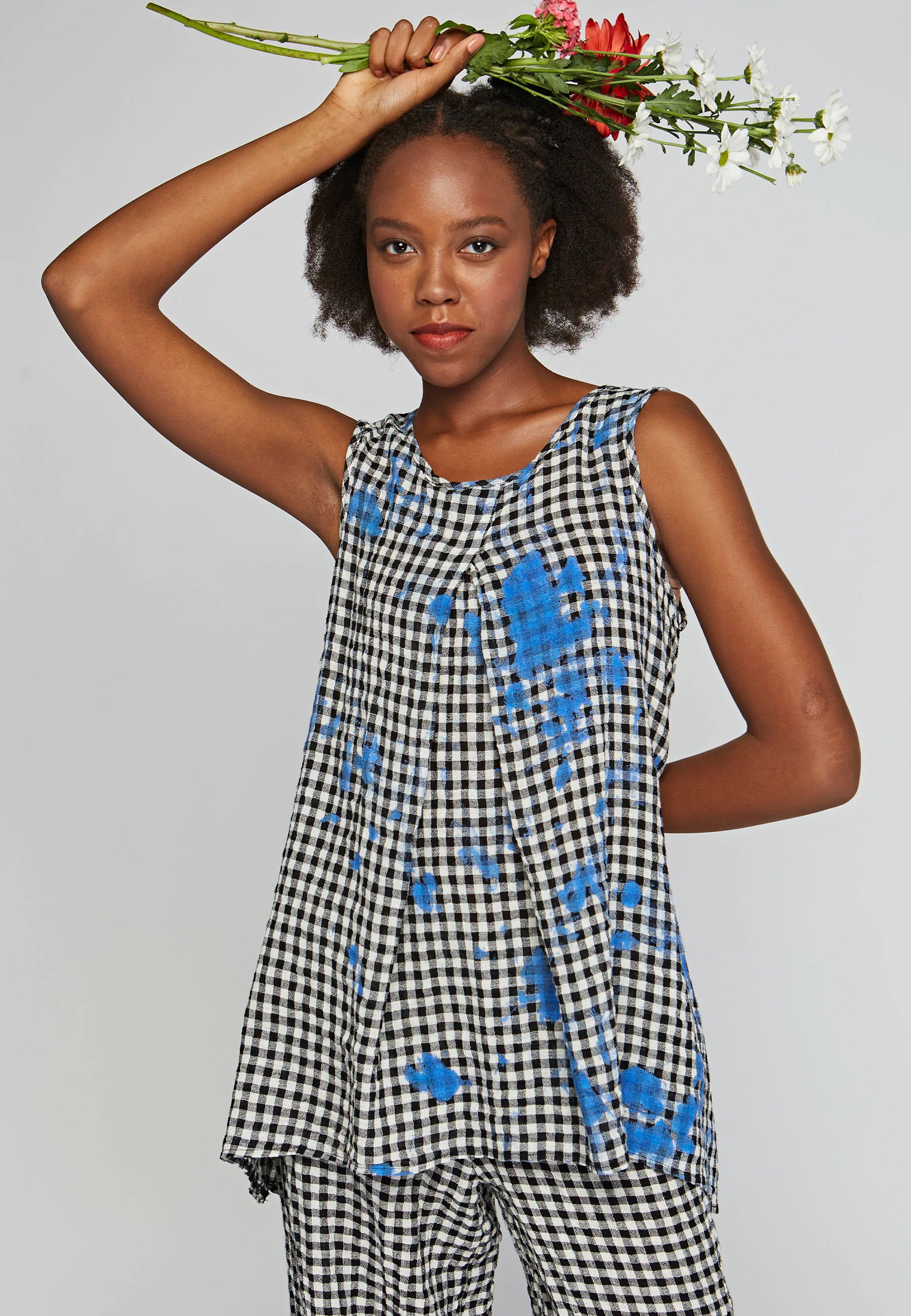 TABLEAU Checkered gauze linen top