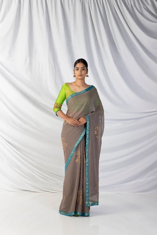 Tara Saree And Blouse Set In  Fossil Grey And Chartreuse Green