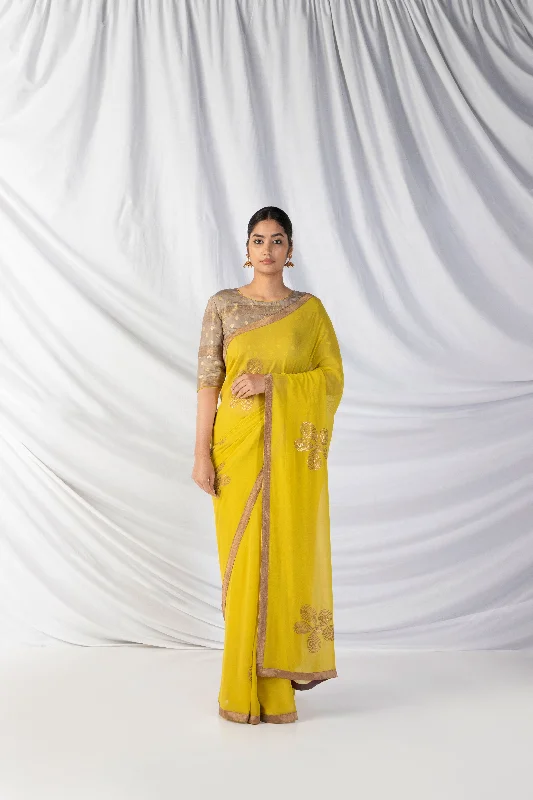 Tara Saree And Blouse Set In Pineapple Yellow And Greige Grey