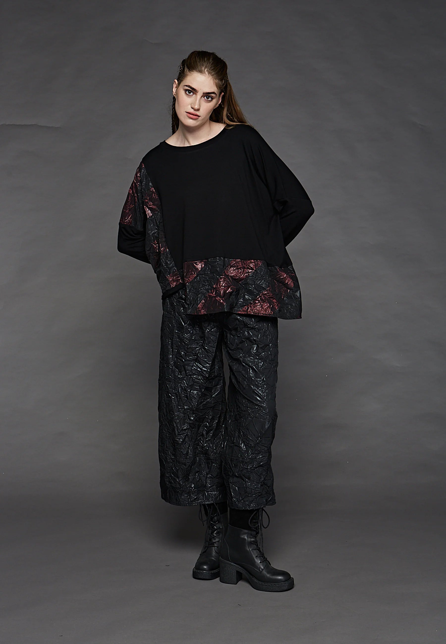 SPECTER Viscose jersey & wrinkled memory taffeta blended, asymmetrical blouse