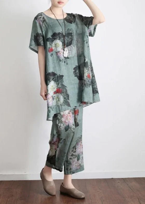 2023 Green Prints Vintage Linen Plus Size T-Shirt Tops And Pants Two Pieces