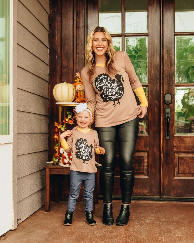 Thankful, Grateful, Blessed on Tan Longsleeve Tee with Yellow Accent