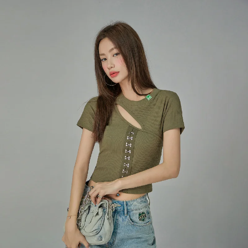 Cutout Front Hooks Short-Sleeved Top