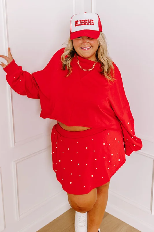 Sideline Chic Pearl Embellished Crop Sweatshirt in Red Curves