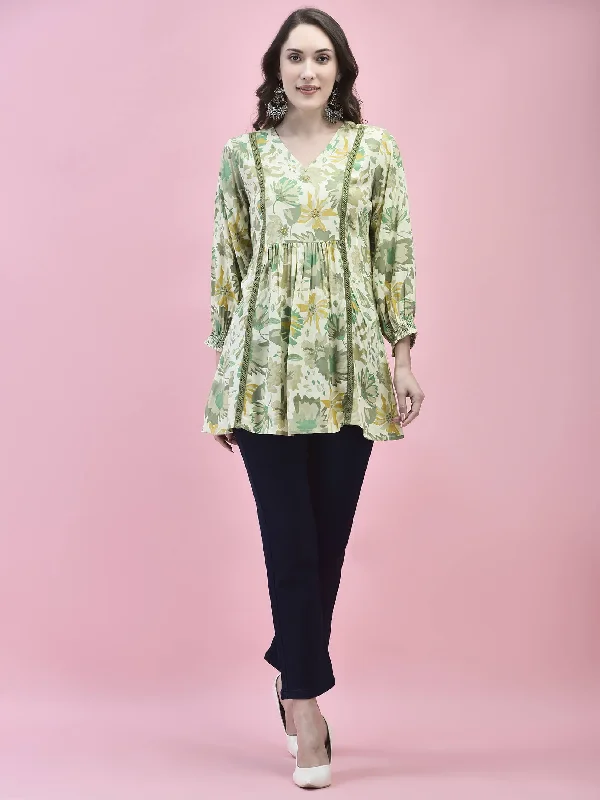 Women Liva Rayon Green Floral Print Tunic