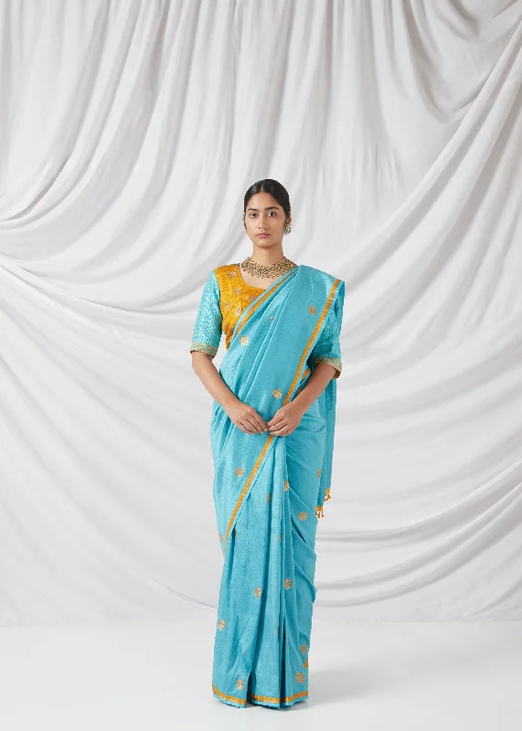 Chola  Saree And Blouse  Set In Turquoise Blue