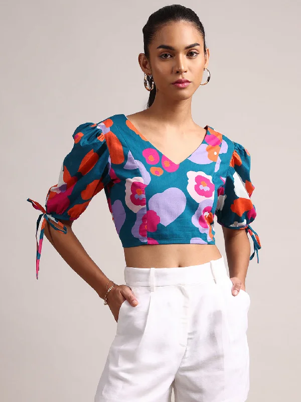 Teal Cotton Floral Crop Top