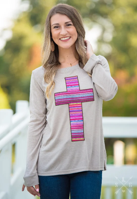 Embroidered Serape Cross on Taupe Longsleeve Tee