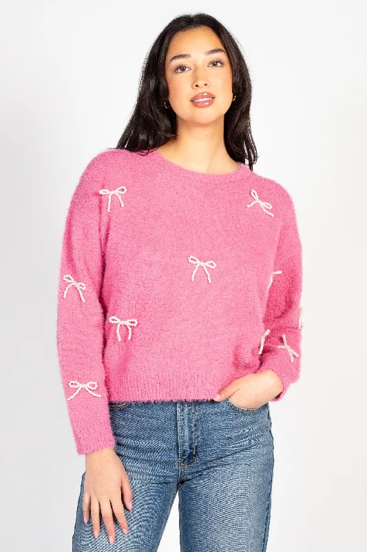 Skylar Pearl Bow Embellished Fuzzy Sweater