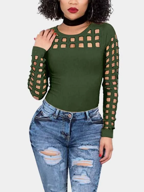 OEM ODM Round Neck Plain Hollow Long Sleeve Green T-Shirts