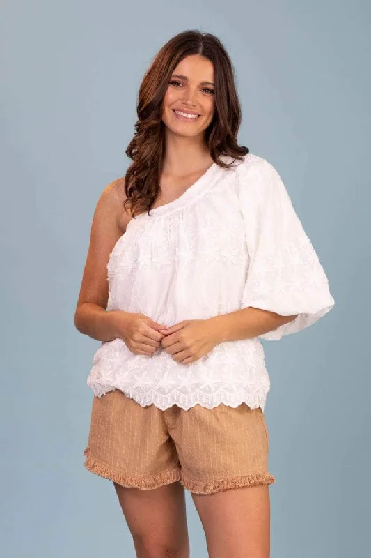 Fern One Sided Embroidered Top White