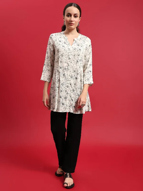 Women Liva (Rayon) Off White Floral Print Tunic