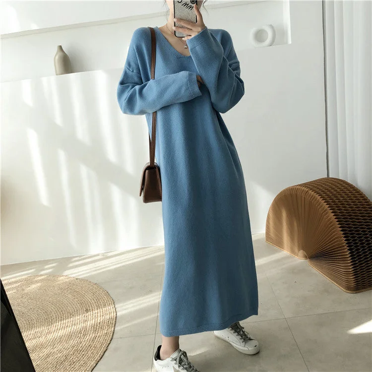 Julia Fashion - V-Neck Loose Full Sleeve Women Sweater Long Dress